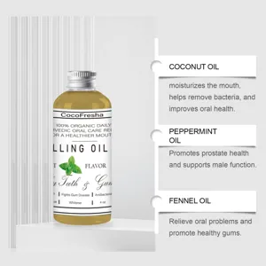 Organic coconut and peppermint oil pulling mouthwash for fresh breath and oral health care.