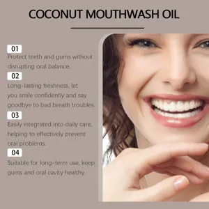 Natural coconut mouthwash oil detail view, herbal care for clean teeth and fresh oral breath.