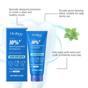 Detail du dentifrice Oralhoe a l'hydroxyapatite et menthe fraiche pour des dents blanches.