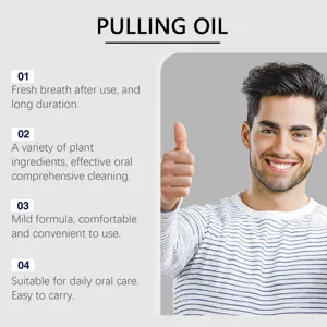 Coconut mint pulling oil detail showing natural herbal ingredients for fresh breath and oral care.