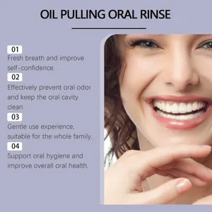 Natural oil pulling oral rinse liquid for fresh breath and deep cleaning oral hygiene care.