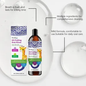 Detailed view of Oralhoe oil pulling oral rinse bottle and box packaging with liquid background splash.