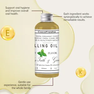 Coconut mint pulling oil detail view, herbal formula for fresh breath and oral health care.