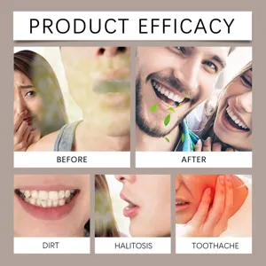 Oral care efficacy detail showing mouthwash benefits for clean teeth, fresh breath, and healthy gums.