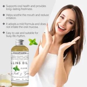 CocoFresha organic herbal mint pulling oil 4oz for oral health, fresh breath, and gentle teeth and gum care.