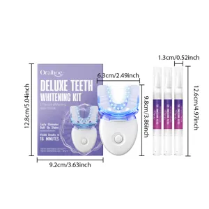 Kit de blanchiment des dents Oralhoe, vue détaillée avec appareil LED, 3 gels et dimensions.