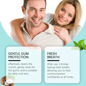 Detail view of herbal coconut mouthwash concept with smiling models and fresh ingredients.