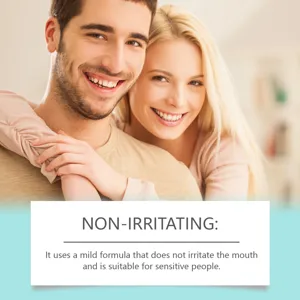 Gentle mouthwash detail view highlighting herbal fresh breath and clean teeth care benefits.