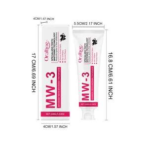 Détail du dentifrice blanchissant ORALHOE MW-3, tube de 100g et boîte avec dimensions.