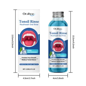 Oralhoe tonsil rinse mouthwash 120ml detail view showing bottle and box dimensions clearly.