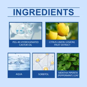 Natural herbal mouthwash ingredients detail chart highlighting refreshing mint and lemon extracts.