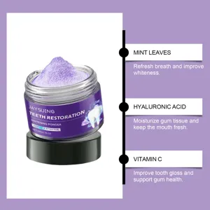 Vue détaillée du pot de poudre blanchissante violette avec menthe et acide hyaluronique.