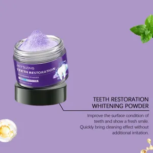 Poudre blancheur de dents violette Jaysuing vue détaillée, formule nettoyante et fraîche.