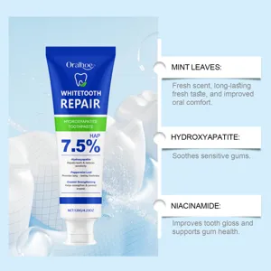 Vue détaillée du tube de dentifrice blanchissant Oralhoe avec HAP 7.5% et menthe.