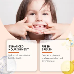 Vue détaillée montrant les avantages de soin et d'haleine fraîche pour enfants.