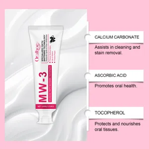 Vue détaillée du tube de dentifrice blanchissant Oralhoe montrant les actifs et bienfaits.