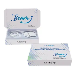 Kit de prothèses dentaires modelables et pastilles nettoyantes pour un beau sourire et soin.