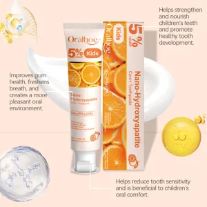 Vue détaillée du dentifrice Oralhoe pour enfants nHAP avec ingrédients d'orange.
