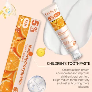 Vue détaillée du dentifrice enfant Oralhoe avec formule 5% nHAP et parfum d'orange douce.