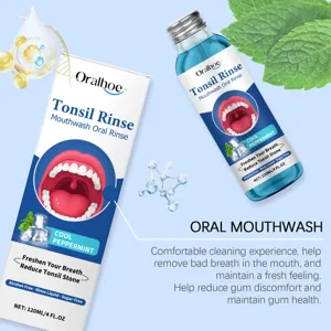 Detailed view of Oralhoe mint mouthwash and packaging box for fresh breath and oral care.
