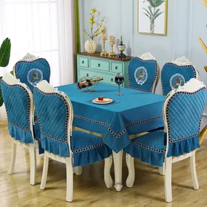 European dining chair cover and tablecloth set, blue quilted fabric with deer embroidery.
