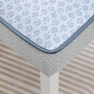 Gros plan sur le tissu texturé et les coutures d'un coussin de chaise bleu clair.