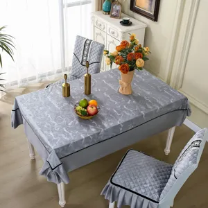 Integrated grey quilted dining chair covers and marble pattern tablecloth set