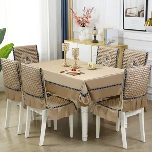Champagne gold thick quilted chair cover and matching tablecloth set for dining room