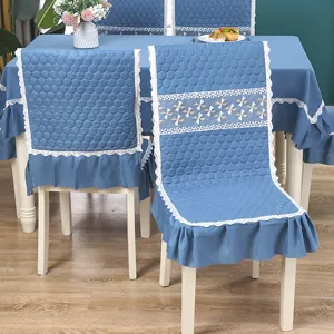 Nordique Couleur Unie Matelassé Coussin de Chaise de Salle à Manger et Ensemble Nappe Garniture en Dentelle Housse de Table Antidérapante