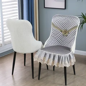 Grey quilted chair cover with lace trim and white textured chair cover set