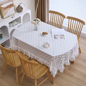 Vintage pastoral crochet lace dining tablecloth, elegant hollow floral square table cover.