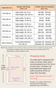 Guida alla tabella delle dimensioni della tovaglia, adatta per tavoli quadrati e rotondi.