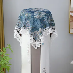 French vintage floral dust cover with white lace trim, small square decorative table cloth.