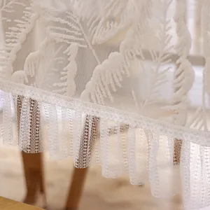 Primer plano de mantel de encaje blanco, patrón floral y delicado borde con volantes.