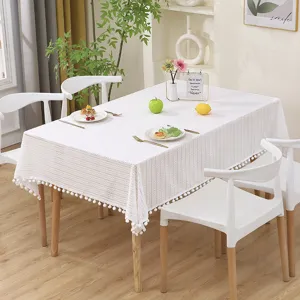 French vintage white lace tablecloth with pom pom tassels elegant square table cover for home