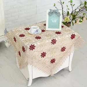 Beige lace tablecloth with red floral embroidery for square coffee table and home decor detail