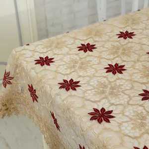 Elegante mantel de encaje con bordado floral rojo para mesa de comedor o mesa de centro.