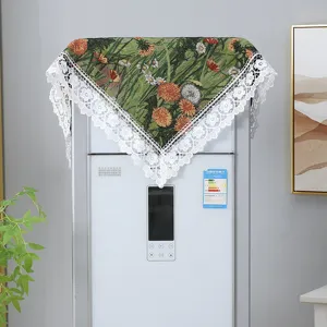 Vintage botanical dust cover with white lace trim, elegant floral fabric for home appliance decor.