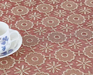 Mesh lace embroidered tablecloth detail, vintage floral hollow table cover for home decor.
