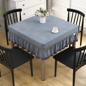 Grey square tablecloth dust cover for mahjong table or heating table with elegant ruffles.