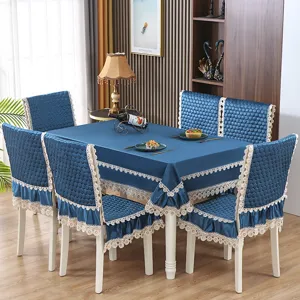 Ensemble de nappe et housses de chaise en velours moderne avec bordure en dentelle, bleu.