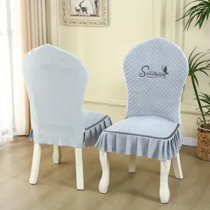 European style quilted chair cover with ruffled skirt, light blue dining seat cushion protector.