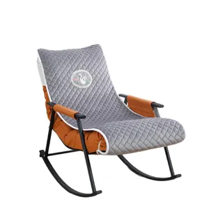 Rocking chair with integrated cushion backrest, gray quilted fabric and orange accents for comfort.