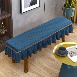 Fodera per panca rettangolare trapuntata, cuscino per sgabello da pianoforte blu con volant.