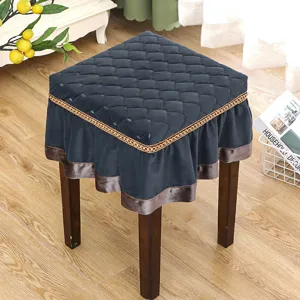 Thickened square stool cover with quilted dark grey fabric, gold chain trim, and velvet border.