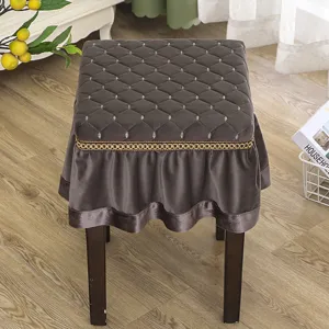 Quilted Velvet Square Stool Cover with Ruffled Skirt and Gold Trim for Home Vanity Piano