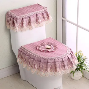 Pink quilted lace toilet seat cover set detail view showing the elegant pink design.