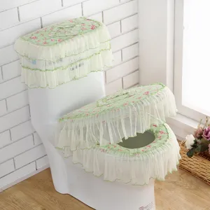Bloemige kanten toiletbrilhoes set 3-delige badkamer mat met tank en deksel hoes.