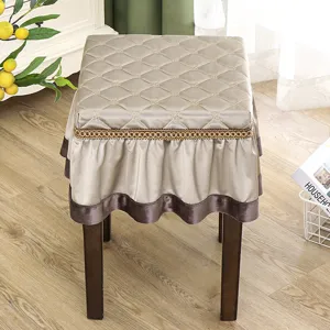 Thick quilted square stool cover with elegant ruffles, home piano bench slipcover decor.