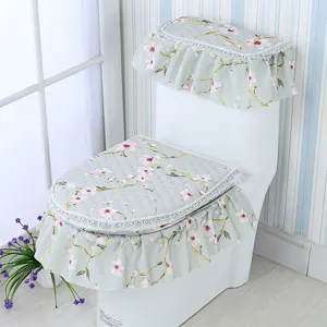 Pastoral style fabric padded thickened toilet seat cover three-piece set with floral lace.